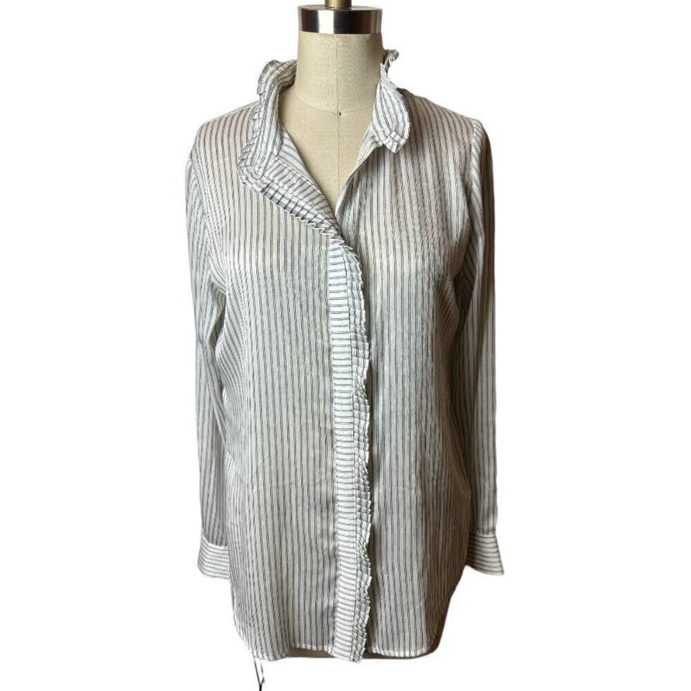 Banana Republic White Grey Pinstripe Ruffle Button Up Shirt Women's Size S